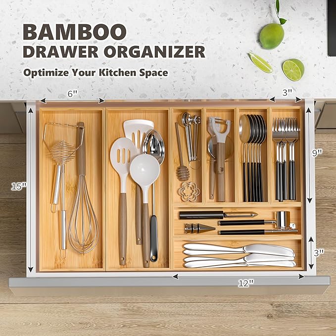 Kitchen Drawer Organizer Tray, Stackable Bamboo Deep Drawer Organizer for Large Silverware, Utensils, Cutlery, Flatware,Junk Drawer, Dresser, Bathroom, 17" x 6" x 2.5" (Set of 2)-Ruum Studio Home