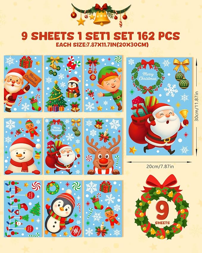 Christmas Window Clings - 9 Sheets 162 Pcs Cute Xmas Decorations for Winter Holiday Home Party Santa Reindeer Snowman Gingerbread Snowflake Stickers for Glass Double-Sided Static Window Decals-Ruum Studio Home
