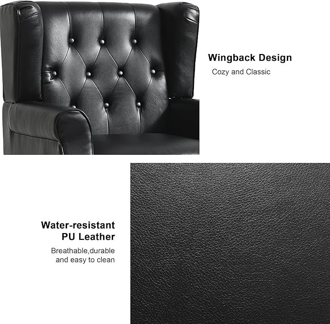 Accent Chair, Upholstered Armchair with Button Tufted High Back & Solid Wood Legs, Comfy Wingback Reading Single Sofa Chair for Small Spaces, Living Room, Bedroom (Leather Black, Set of 1)-Ruum Studio Home