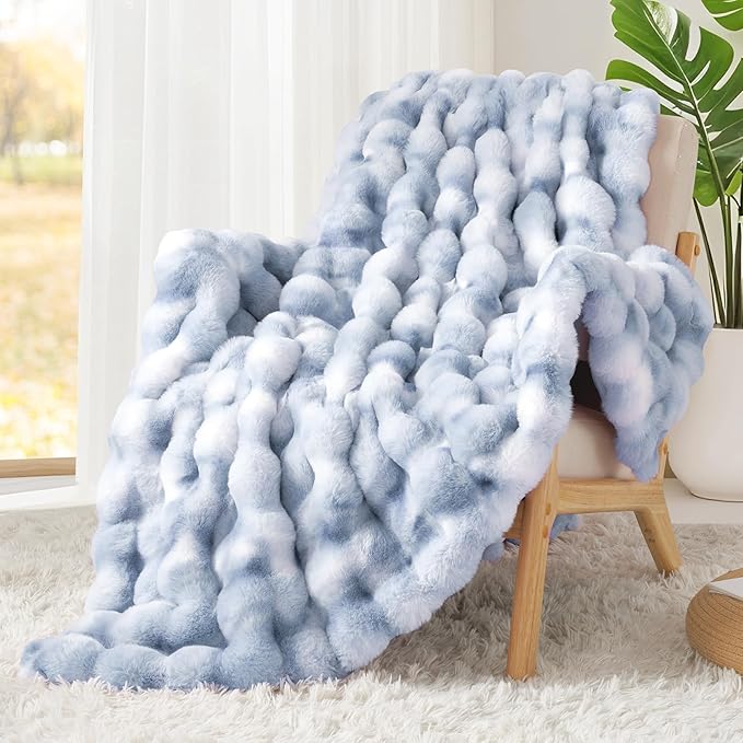 Touchat Luxury 1000GSM Faux Rabbit Fur Throw Blanket, Super Heavy Warm Cozy Grey Blankets for Couch Bed Sofa, Ruched Plush Fuzzy Elegant Soft Reversible Mink Blanket for Living Room Bedroom-Ruum Studio Home