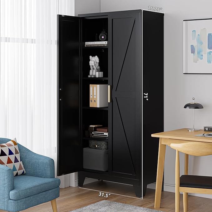 71'' Farmhouse Metal Storage Cabinet with Barn Doors,Steel File Cabinet for Home Office,Kitchen Pantry 4 Adjustable Shelves,Freestanding Cupboard for Kitchen,Home Office (Black)-Ruum Studio Home