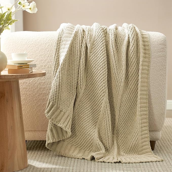 Amélie Home Chenille Knit Throw Blanket for Couch, Chevron Texture Decorative Soft Blanket for Sofa, Bed & Chair, 50"x60", Beige-Ruum Studio Home