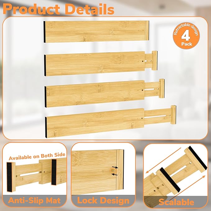 BAMEOS 3" H Bamboo Drawer Dividers - Adjustable Expandable Drawer Organizer - Kitchen, Bathroom, Bedroom & Office, 4-pack-Ruum Studio Home