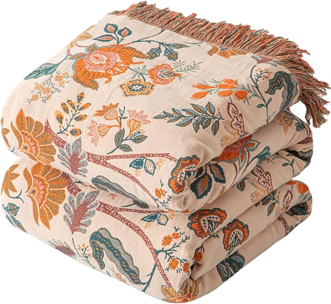 Boho Throw Blanket for Couch Sofa Bed, 100% Cotton Woven Quilt with Tassel 80”x90”, Super Soft Muslin Blanket with Floral Printed, Decorative Reversible Bed Blanket/Cover for All Seasons-Ruum Studio Home