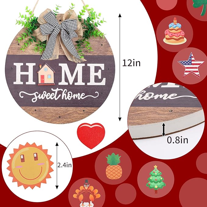 Interchangeable Welcome Sign for Front Door with 14 Changeable Icons, Farmhouse Front Porch Decor Rustic Wooden Wall Sign with 12 LED Lights, Outdoor Seasonal Welcome Home Decorations (Wood home1)-Ruum Studio Home