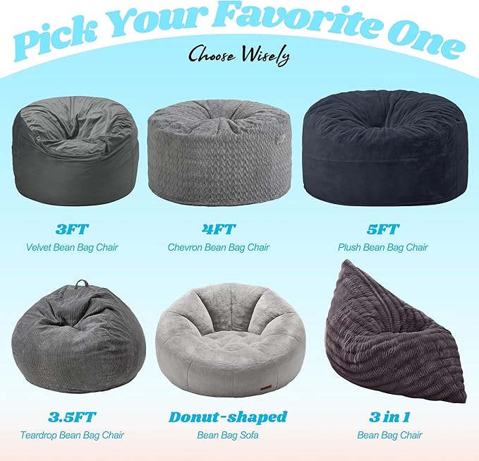 Hobestluk 3 in 1 Bean Bag Chair Giant Bean Bag Chairs for Adults with Ripple Cover Convertible Bean Bag Floor Cushion with Machine Washable Cover for Living Room (Ripple Dark Grey)-Ruum Studio Home