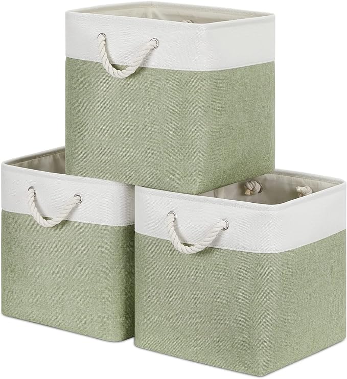 Bidtakay Cubby Storage Bins Set of 3 Fabric Baskets for Shelves Closet Drawer Organizer Storage Cubes 13x13 Collapsible Organization Baskets for Nursery Toy Shelf (White&green)-Ruum Studio Home