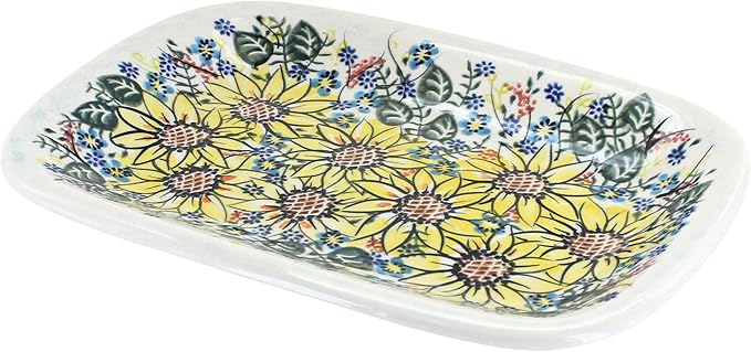 Blue Rose Polish Pottery Sunflower Maze Small Rectangular Serving Platter-Ruum Studio Home