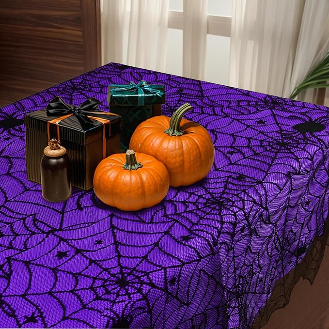2Pcs Halloween Tablecloths, Black Lace & Purple Lined Rectangular Table Cloth, Spider Web Table Cover for Scary Halloween Decorations Indoor, 54 x 72 Inch-Ruum Studio Home