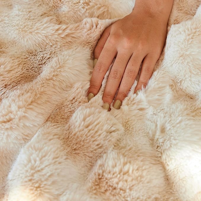 RYNGHIPY Faux Rabbit Fur Bed Throws Fluffy Warm Throw Blanket for Sofa Couch Soft Plush Decorative Blanket Thick and Heavy Cute Bubble Furry Blanket (Light Tan, 51''x63'')-Ruum Studio Home
