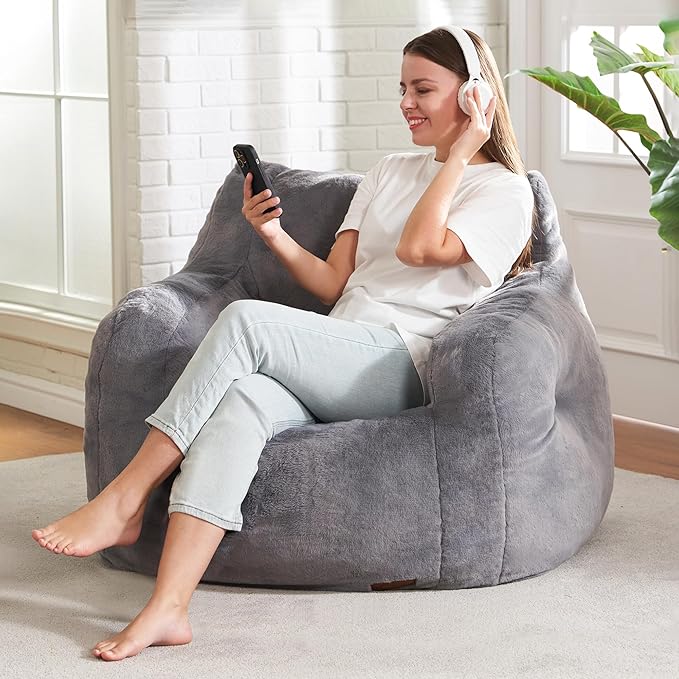 Hobestluk Bean Bag Chair for Adult Small Bean Bag Chairs with Arms Furry Beanbag Chair with Foam Filler Stuffed Bean Bag Sofa for Reading in Bedroom Living Room and Dorms(Grey)-Ruum Studio Home