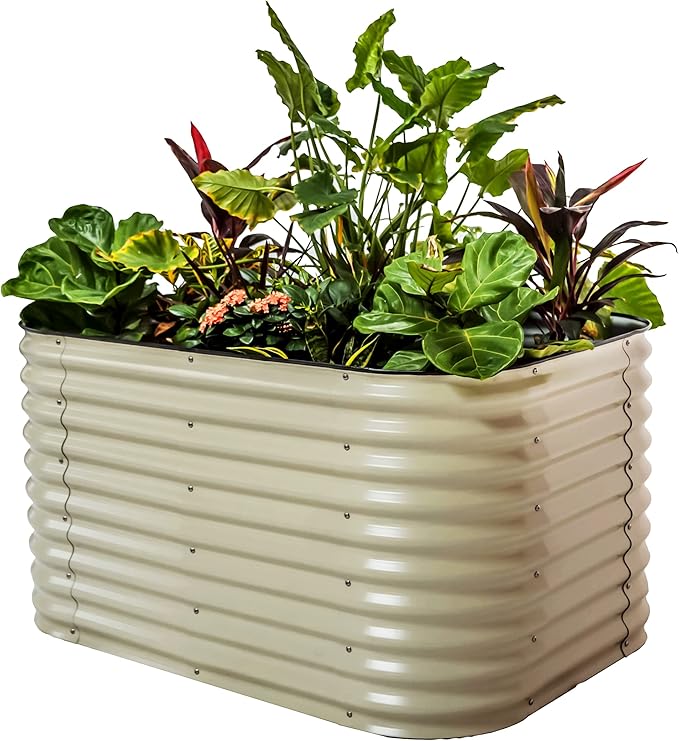 Vego garden 32" Extra Tall Raised Garden Bed Kits, 6 in 1 Modular Raised Planter Box for Vegetables Flowers Fruits Oval Metal Raised Garden Bed- Pearl White-Ruum Studio Home