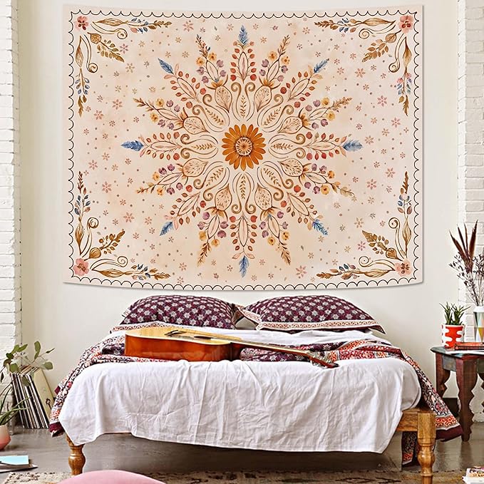 Fowocu Boho Floral Mandala Tapestry for Bedroom Aesthetic Watercolor Bohemian Flower Wall Tapestry Brown Beige Hippie Indian Small Tapestries Wall Hanging for Living Room Dorm Decor 40 x 30 Inch-Ruum Studio Home