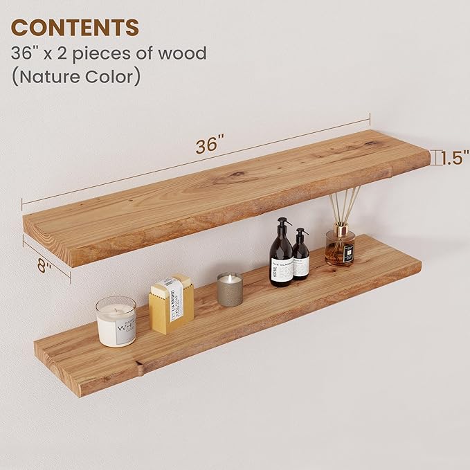 Floating Shelves for Wall Decor, Rustic Solid Elm Wood Live Edge Floating Shelves Wall Mounted, Wall Shelves with Invisible Bracket for Living Room Bathroom Bedroom Kitchen, 36 Inch Set of 2, Natural-Ruum Studio Home