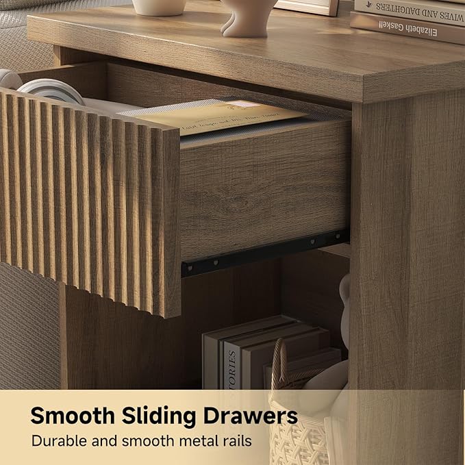 Fluted Nightstand Set of 2, 22.8" Wide Nightstands with Drawer Storage Large Wood BedsideTable Night Stands for Bedroom, Natural Oak-Ruum Studio Home