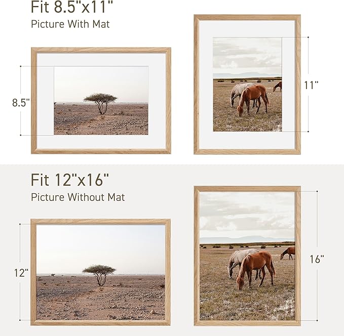 12x16 Picture Frame Natural Solid Oak Photo Frames with 8.5x11 Removable Mat Wall Hanging Large Handcrafted Frame with HD Plexiglass Wall and Tabletop Display Large Poster Frame-Ruum Studio Home