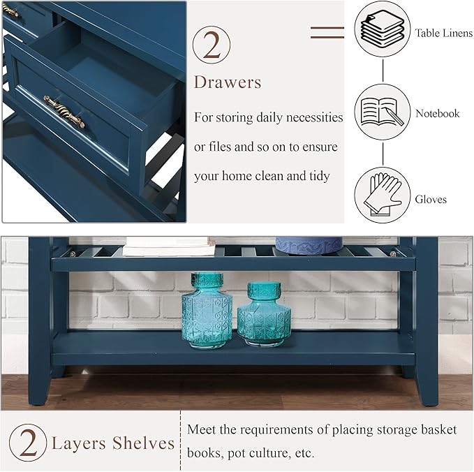 Solid Wood Console Table Entryway Table with Storage Drawers and Shelves Sofa Table for Entry Hallway Foyer(42" Navy Blue)-Ruum Studio Home