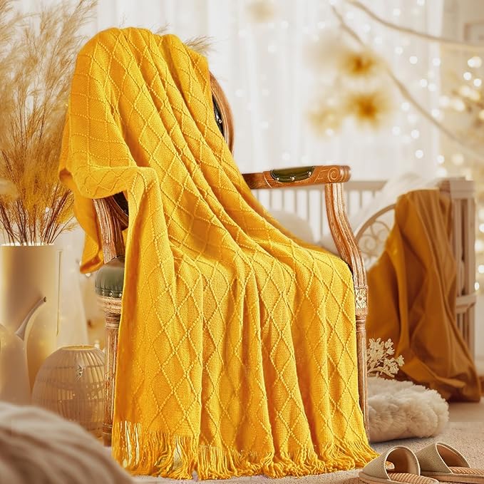 inhand Knitted Fall Throw Blanket for Couch and Bed, Knit Fall Decor Halloween Blanket with Tassel, Mustard Yellow Lightweight Decorative Farmhouse Warm Woven Blankets and Throws for Women, 60"x80"-Ruum Studio Home