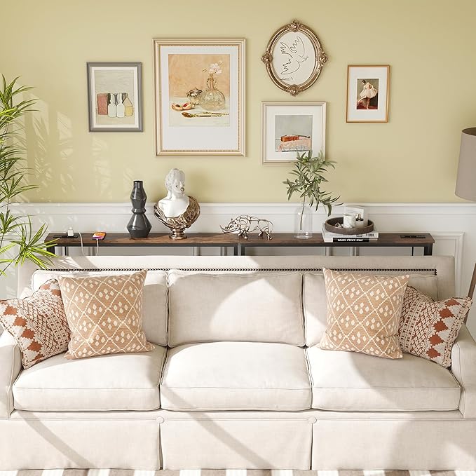 ELYKEN 5.9" Narrow Console Sofa Table with Power Outlets and USB Port, 5.9" Dx39.4 Wx31.1 H Long Behind Couch Table with Metal Frame and 6.5’ Extension Cord, Rustic Brown-Ruum Studio Home