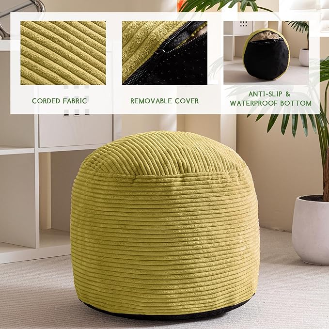 HIGOGOGO Round Stuffed Pouf Ottoman, Corduroy Poufs with Foam Chunk Filling, Furry and Fluffy Pouf Foot Stool Storage Ottoman, 20 X 15 Floor Poufs Foot Rest for Living Room, Green-Ruum Studio Home