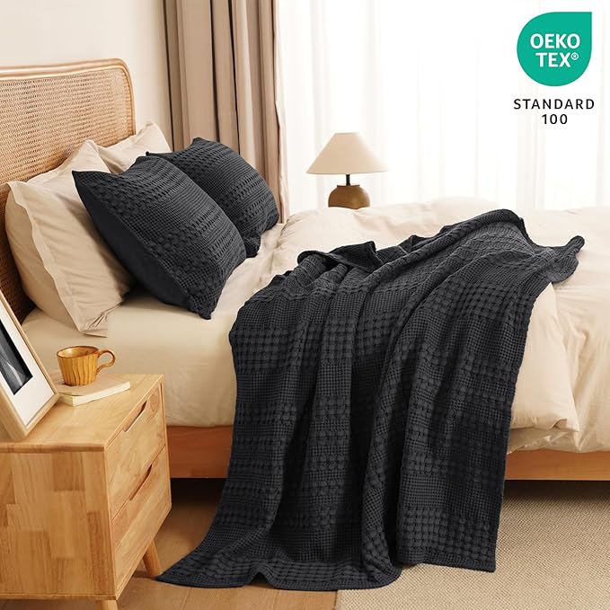 PHF 100% Cotton Waffle Weave Throw Blanket, Soft Lightweight Breathable Cozy Summer Throws for Couch Bed Sofa, Luxury Aesthetic Woven Blanket for Home Decor & Office, 50"x60", Black-Ruum Studio Home