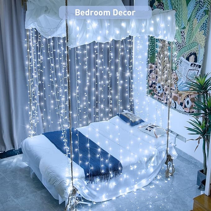 JMEXSUSS 300 LED 9.8x9.8Ft Curtain Lights Indoor with Remote, White Christmas Lights Plug in, 8 Modes White String Lights for Bedroom Wall Wedding Reception Dorm Party Backdrop Window Outdoor Decor-Ruum Studio Home