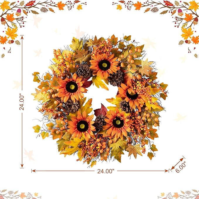 Glitzhome 24'' Fall Wreath for Front Door Decor, Artificial Autumn Orange Wreath with Sunflower, Maple Leaf and Berry Ornament for Wall Fireplace Farmhouse Thanksgiving Day Harvest Festival Decor-Ruum Studio Home