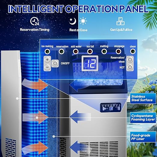 Commercial Ice Maker Machine, 110Lbs/24H, 30Lbs Storage, 36Pcs Clear Ice Cubes in 10-15Mins, Stainless Steel Under Counter or Freestanding Ice Machine - 2 Water Inlet Modes, for Home Party Office-Ruum Studio Home