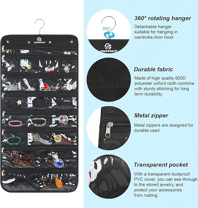 Freegrace Hanging Jewelry Organizer Revolving Hanger - Secure Zipper Closure - 25 Pockets,23 Hooks - Foldable Storage & Display Solution - for All Jewelry & Bijoux (Black)-Ruum Studio Home
