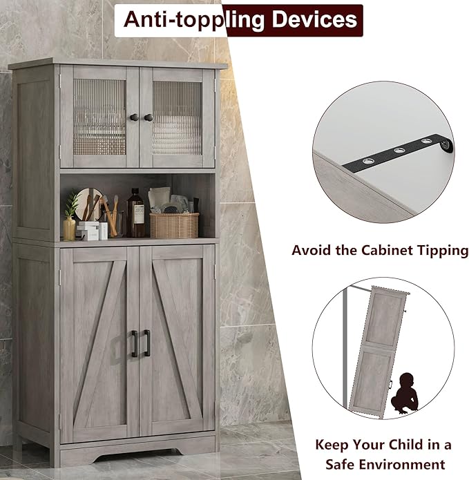 GarveeHome 54in Tall Bathroom Cabinet, Farmhouse Storage Cabinet with Glass Doors and Adjustable Shelves, Freestanding Kitchen Pantry Cabinets, Cupboard for Living Room, Dining Room, Gray-Ruum Studio Home