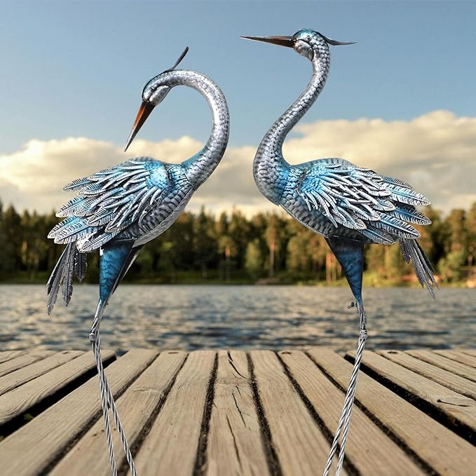 Crane Decor Statues, Blue Heron Garden Statues Metal Yard Art Outdoor Decoy, Garden Sculptures for Yard/Lawn/Pond/Outdoor Decoration, Set of 2-Ruum Studio Home