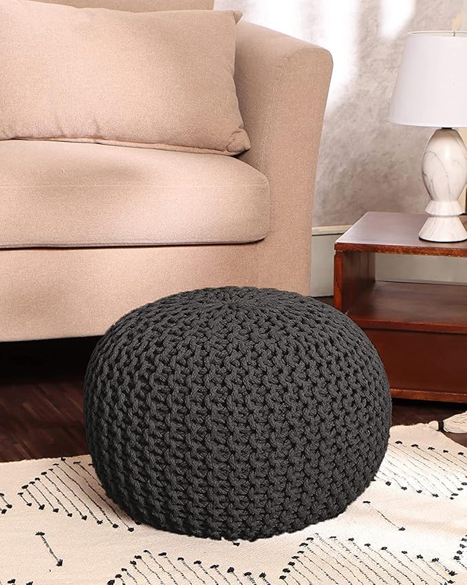 REDEARTH Round Pouf Foot Stool Ottoman - Cotton Hand Knitted Dori Pouffe - Cord Boho Home Décor - Stuffed Cable Poof for Living Room - Bedroom (19.5"x19.5"x14") - Dark Gray-Ruum Studio Home