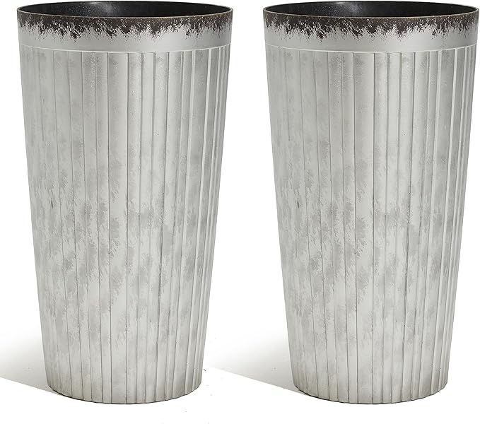 Worth Garden 22.5" H. Plastic Planters - Set of 2 Silver Color Tall Conical Plant Pots for Indoor Outdoor Use - Decorative Lightweight Flower Pots for Front Porch, Patio, Deck - 12.5" Dia x 22.5" H-Ruum Studio Home