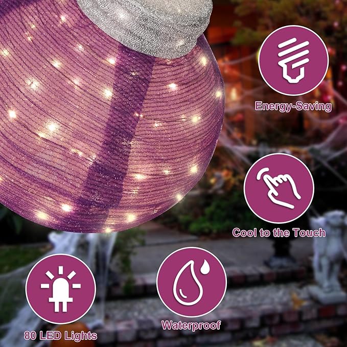 BRIGHTDECK Outdoor Halloween Ornaments, Lighted Pop-Up Outdoor Holiday Ball Decoration with 80 LED Lights, 8 Light Modes, Lighted Collapsible Holiday Decorations for Yard, Home (Purple)-Ruum Studio Home