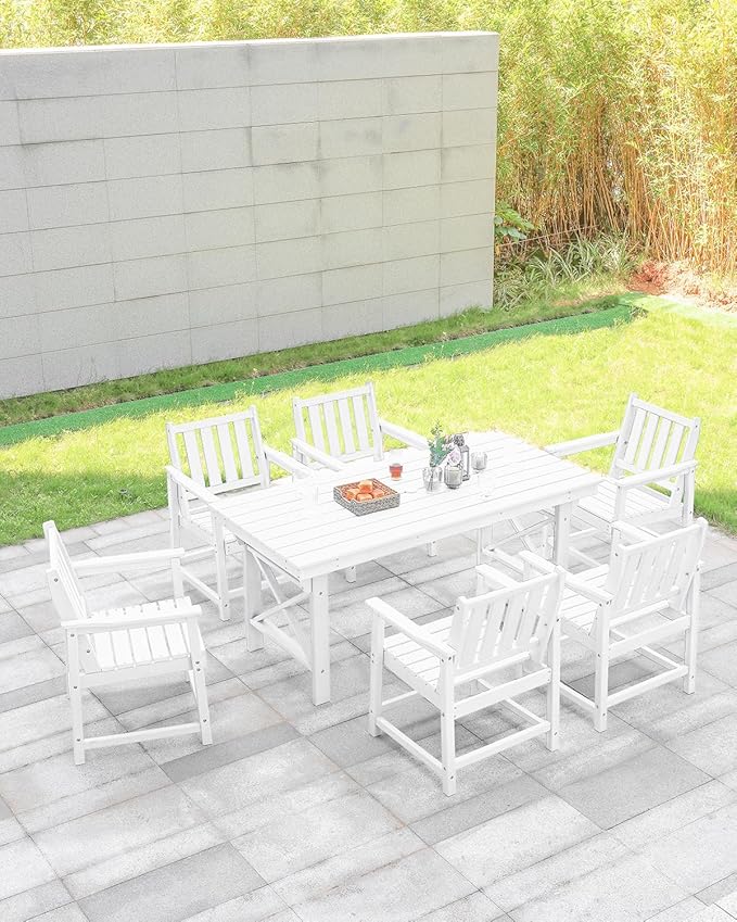 HDPE Outdoor Dining Table, 66.9” Rectangle Patio Dining Table for 6, All-Weather HDPE Outdoor Table with 2.2” Umbrella Hole, HDPE Patio Furniture for Deck, Backyard, Garden, Pool, Pearl-Ruum Studio Home