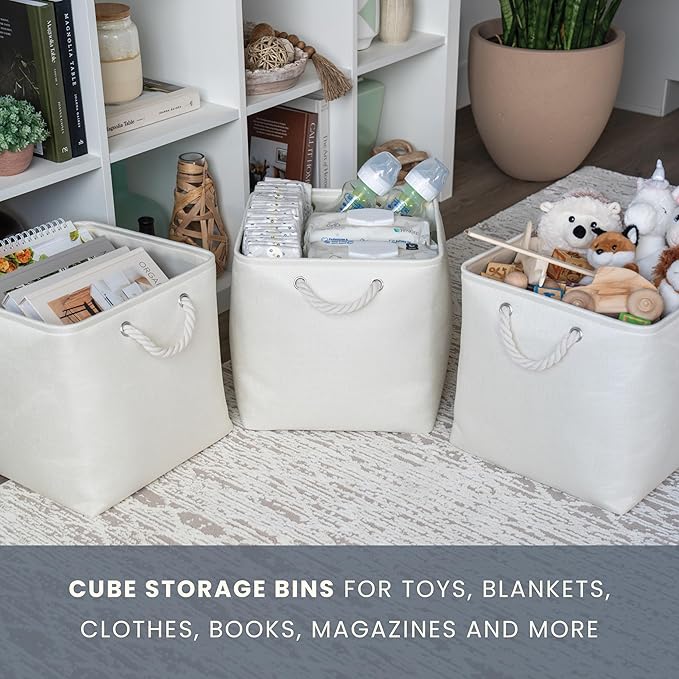 OrganiHaus 13x13 Cube Storage Bins 4 Pack, Foldable Cube Storage Organizer w/ Rope Handles, Collapsible Fabric Bins for Toys, Clothes & Closet Organization, Fabric Square Baskets - Off-White-Ruum Studio Home