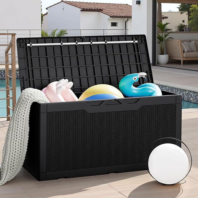 JUMMICO 100 Gallon Resin Deck Box, Waterproof Outdoor Storage Box with Lockable Lid for Garden Tools, Patio Cushions (Black)-Ruum Studio Home
