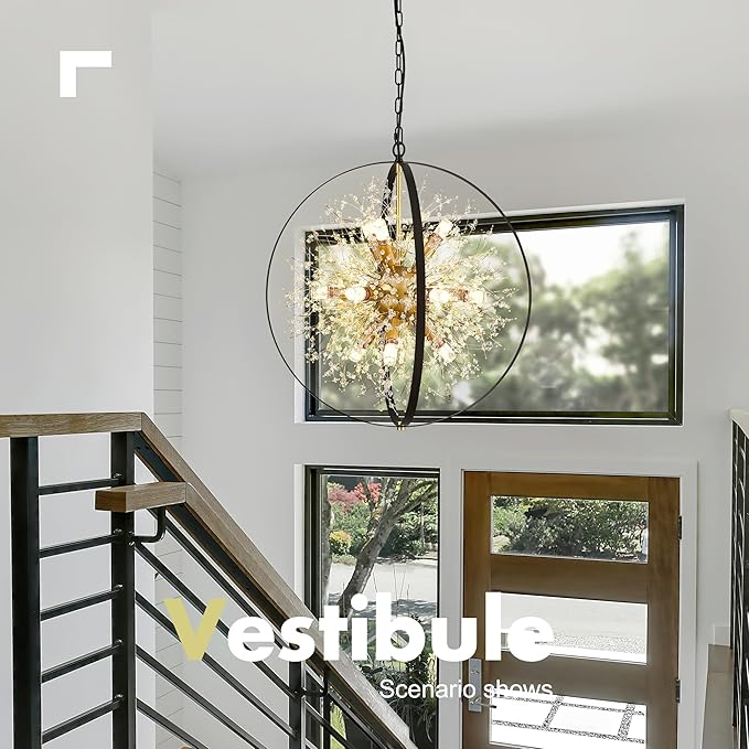 Modern Crystal Chandeliers Firework, 23.2'' Black Gold 12-Light Globe Dandelion Sputnik Chandelier, Hanging Pendant Lighting Fixture for Dining Room, Bedroom, Kitchen, Entryway, Foyer-Ruum Studio Home