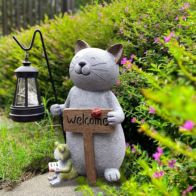 Cat Garden Statue with Solar Lantern: Cat Outdoor Figurine Decorations -Solar Garden Statue Decor for Patio,Balcony,Yard, Lawn - Gift for Mom, Grandma,Women, Housewarming,Birthday-Ruum Studio Home