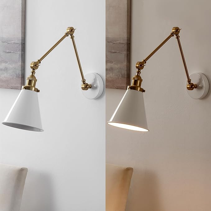 JONATHAN Y JYL7462B-SET2 Rover 7" Classic Industrial Metal Adjustable Arm LED Wall Sconce, White/Brass Gold (Set of 2) for Bedroom, Bathroom, Vanity-Ruum Studio Home