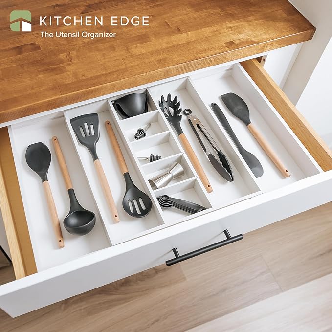 Adjustable Kitchen Drawer Organizer for Utensils and Junk, Food-Safe Contract Grade with 100% Sustainable Wood, Expandable from 16 to 28 Inches Wide - White Bamboo-Ruum Studio Home