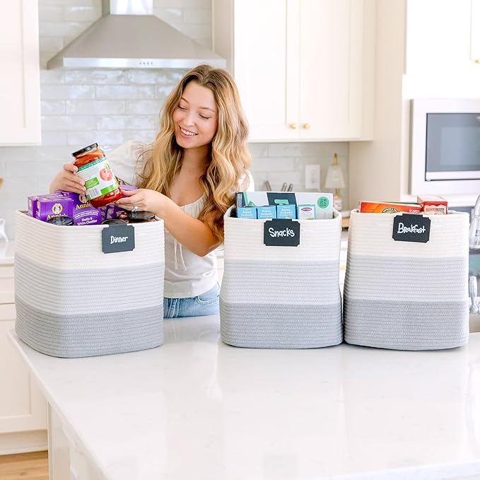 NaturalCozy 13x15x13 Kallax Storage Cubes Bins, 3 Pack | Cotton Rope Cube Storage Bin Woven Baskets for Organizing | Kallax Insert Storage Baskets for Shelves Organizer, Kids Toy, Closet Baby Nursery-Ruum Studio Home