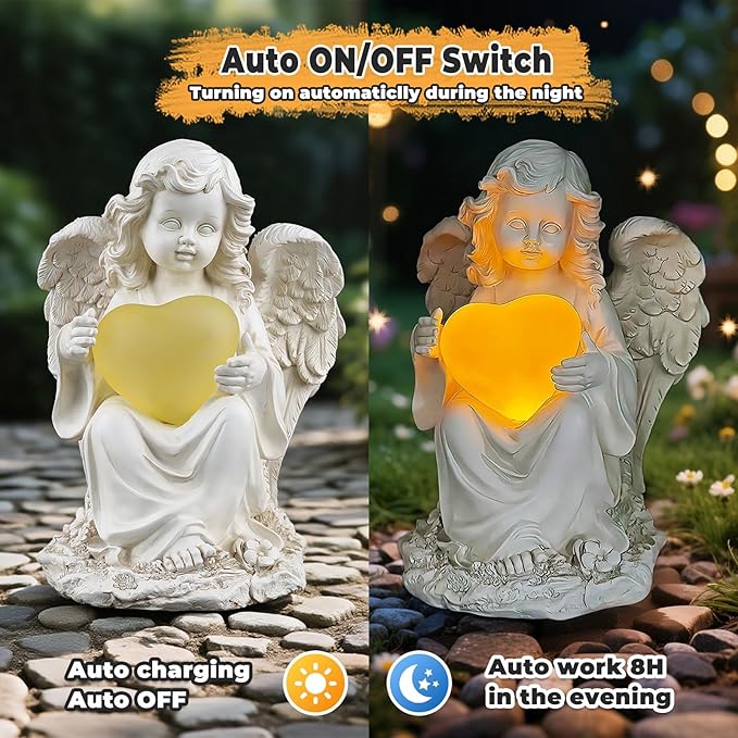 Angel Statues for Garden, Solar Angels for Outside with Glowing Heart & Cemetery Decorations for Grave, Yard Art Patio Balcony & Lawn Ornaments Gifts for Mom Grandma Women-Ruum Studio Home