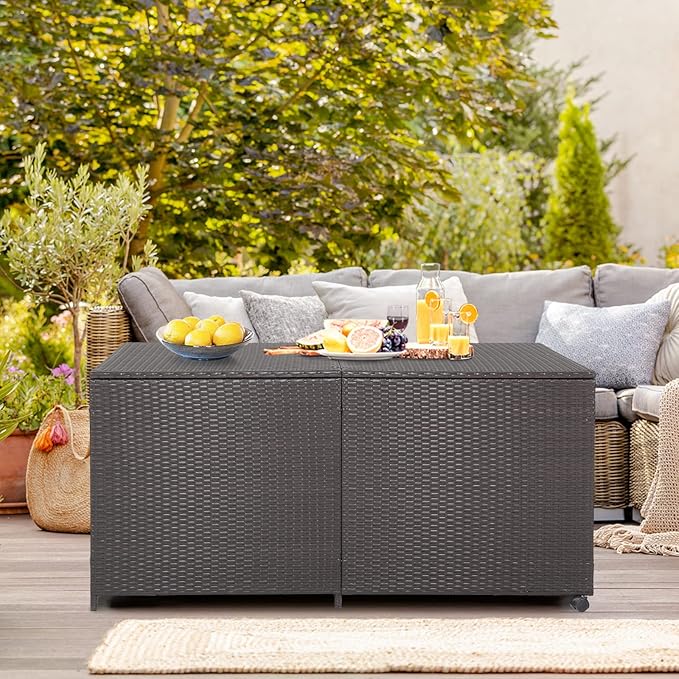 HAPPYGRILL 175 Gallon Outdoor Rattan Deck Box, Wicker Storage Bin with Zippered Liner & 2 Universal Wheels, Safe Pneumatic Rod, Patio Rattan Storage Container for Cushions Pillows-Ruum Studio Home