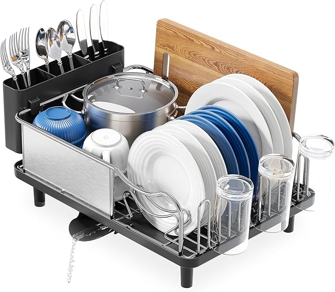 Stainless Steel Dish Drying Rack - Large Capcity 304 Grade Dish Drainer for Kitchen Counter with Drain Board, Utensil Holder & Detachable Cup Shelf, Rustproof Multifunctional Organizer-Ruum Studio Home