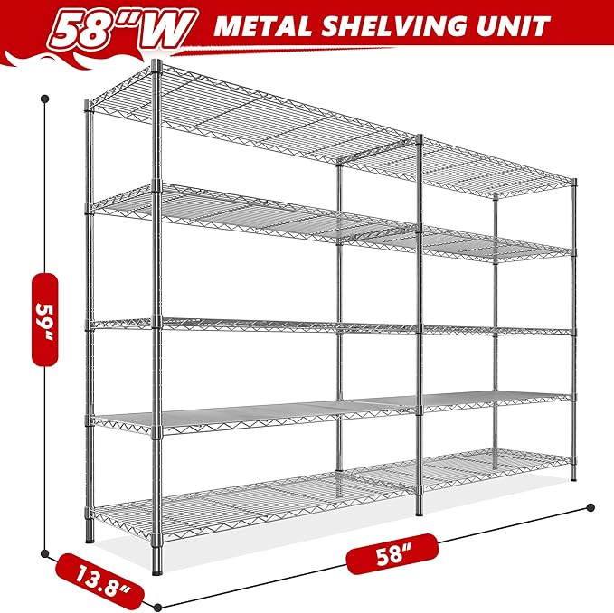 REIBII 58" W 5 Tier Heavy Duty Wire Shelving Unit with Adjustable Shelves - 1400LB Metal, Chrome - 58" W x 59" H x 13.8" D - Garage, Pantry, Kitchen-Ruum Studio Home