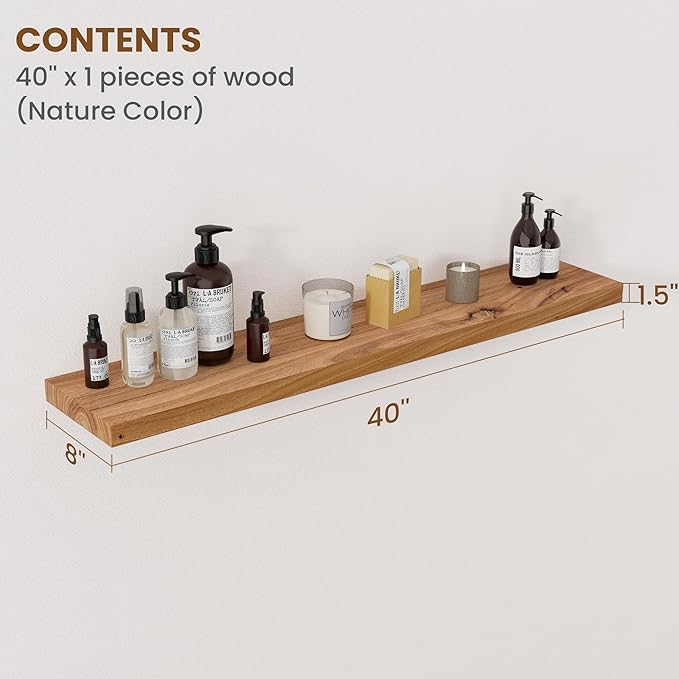 Floating Shelves for Wall Decor, 8" Deep Rustic Solid Elm Wood Floating Shelves Wall Mounted, Wall Shelves with Invisible Bracket for Living Room Bathroom Bedroom Kitchen, 40 Inch Set of 1, Natural-Ruum Studio Home