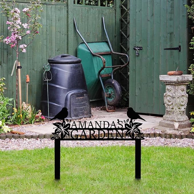 Personalized Metal Garden Name Sign with Flowers and Birds, Custom Yard Sign with Stake-Ruum Studio Home