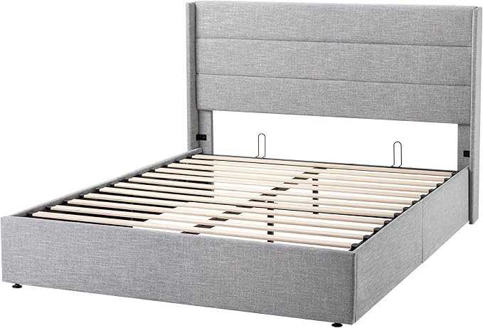Allewie Full Size Lift Up Storage Bed, Modern Wingback Headboard, Hydraulic Support, No Box Spring Needed, Light Grey-Ruum Studio Home