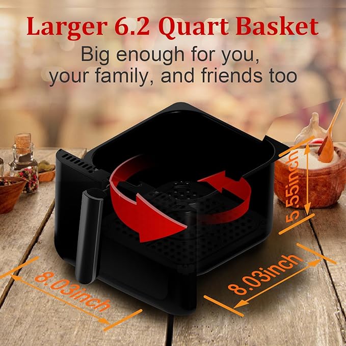 Air Fryer, 6.2QT Air Fryer Oven with LED Digital Touchscreen, 12 Preset Cooking Functions Air fryers, Bake, Reheat, Keep Warm, Nonstick and Dishwasher-Safe Basket, Stainless Steel/Black-Ruum Studio Home